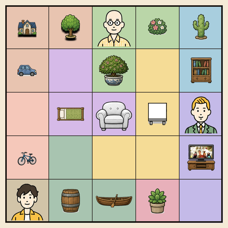 Illustrated Suspectdoku board with rooms, objects, and suspects
