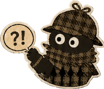 Detective mascot with a magnifying-glass pose